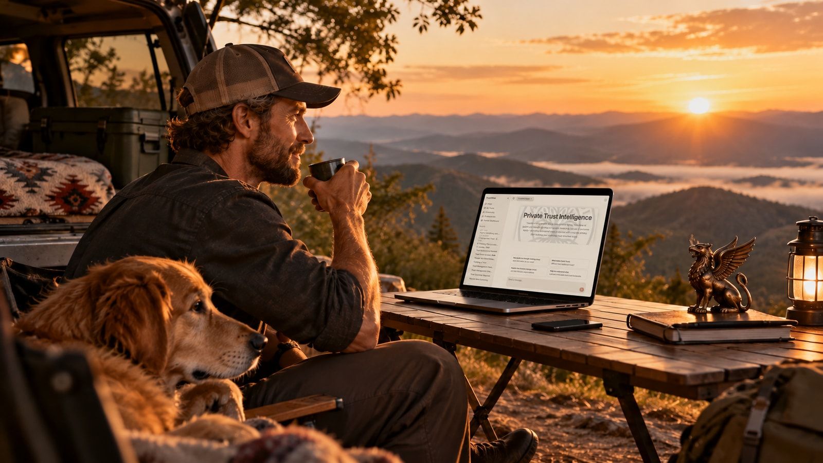 A man and dog beside an open laptop overlooking mountains in low sunlight.