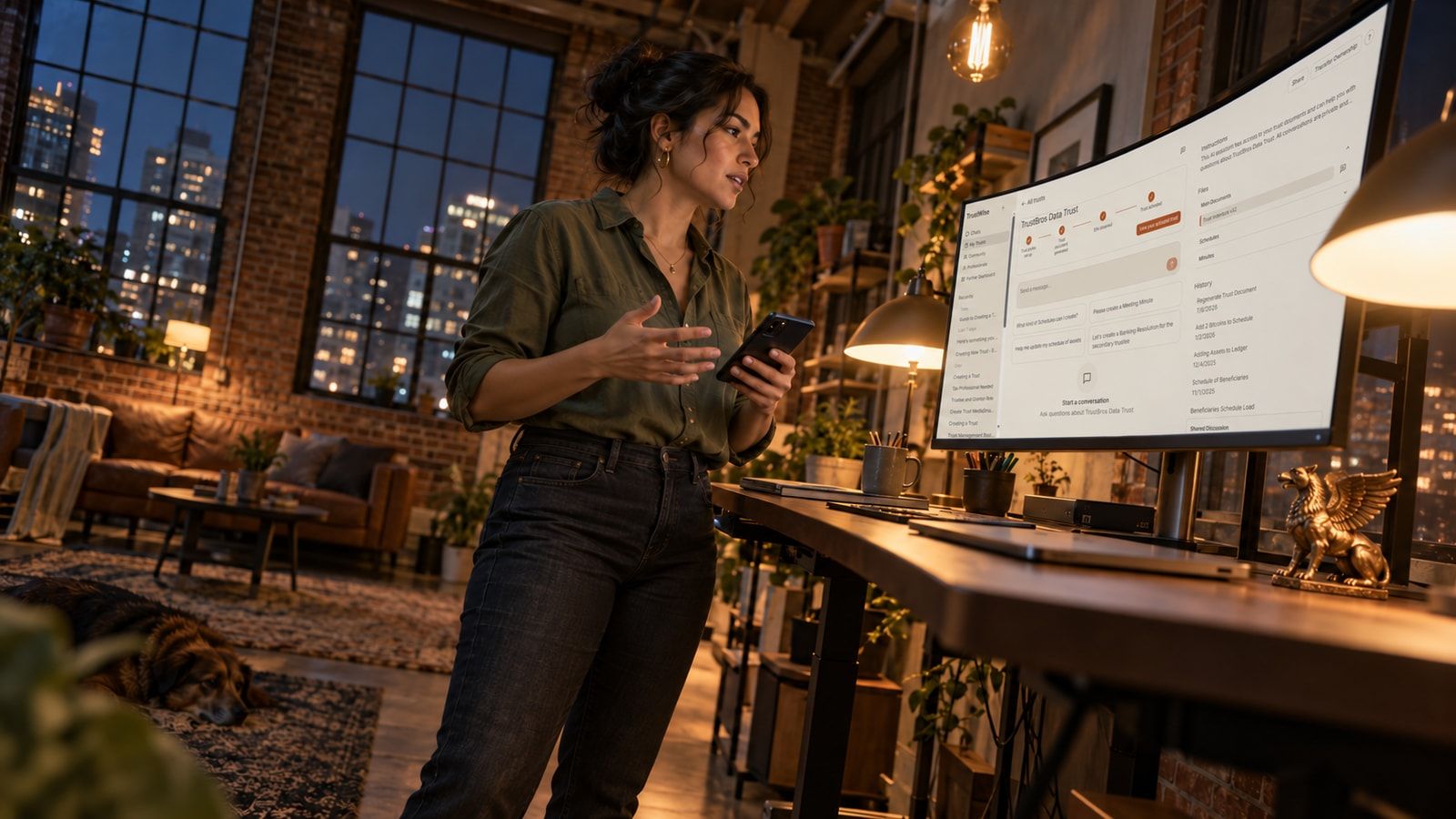 A woman holding a phone beside a wide monitor at a standing desk in a loft at night.
